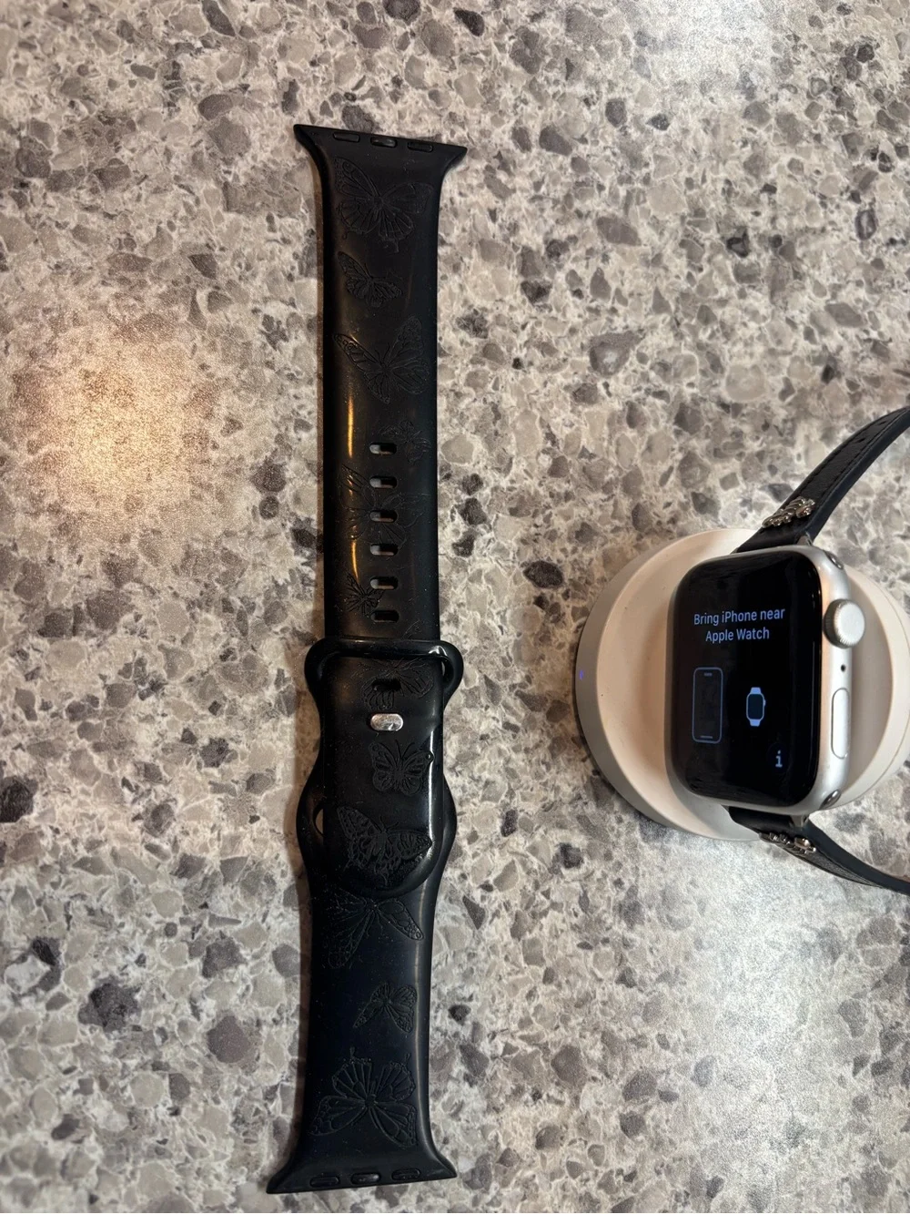 Apple Watch with Black Leather Floral-Embossed Band